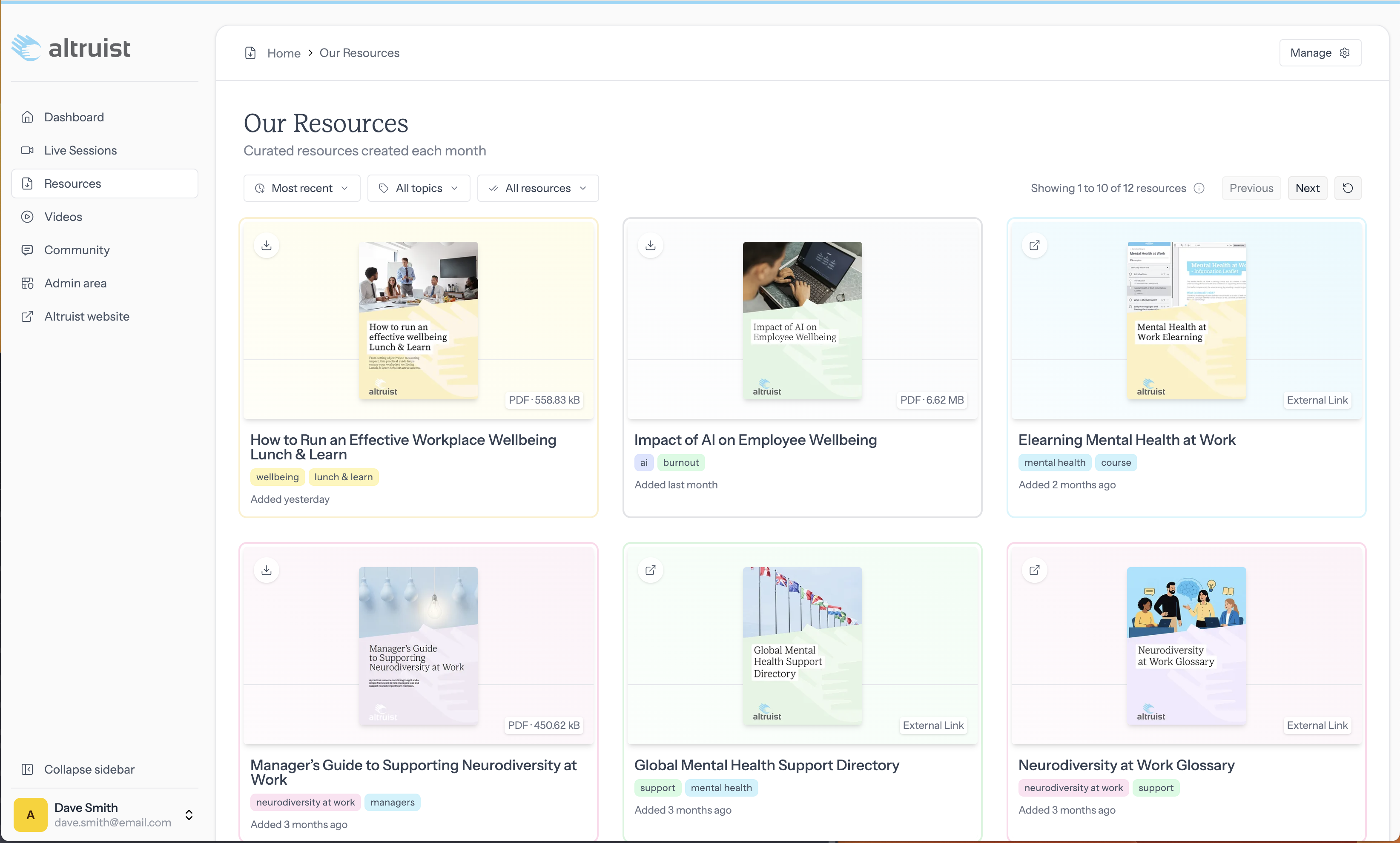 Screenshot of the Altruist mental health resource interface
